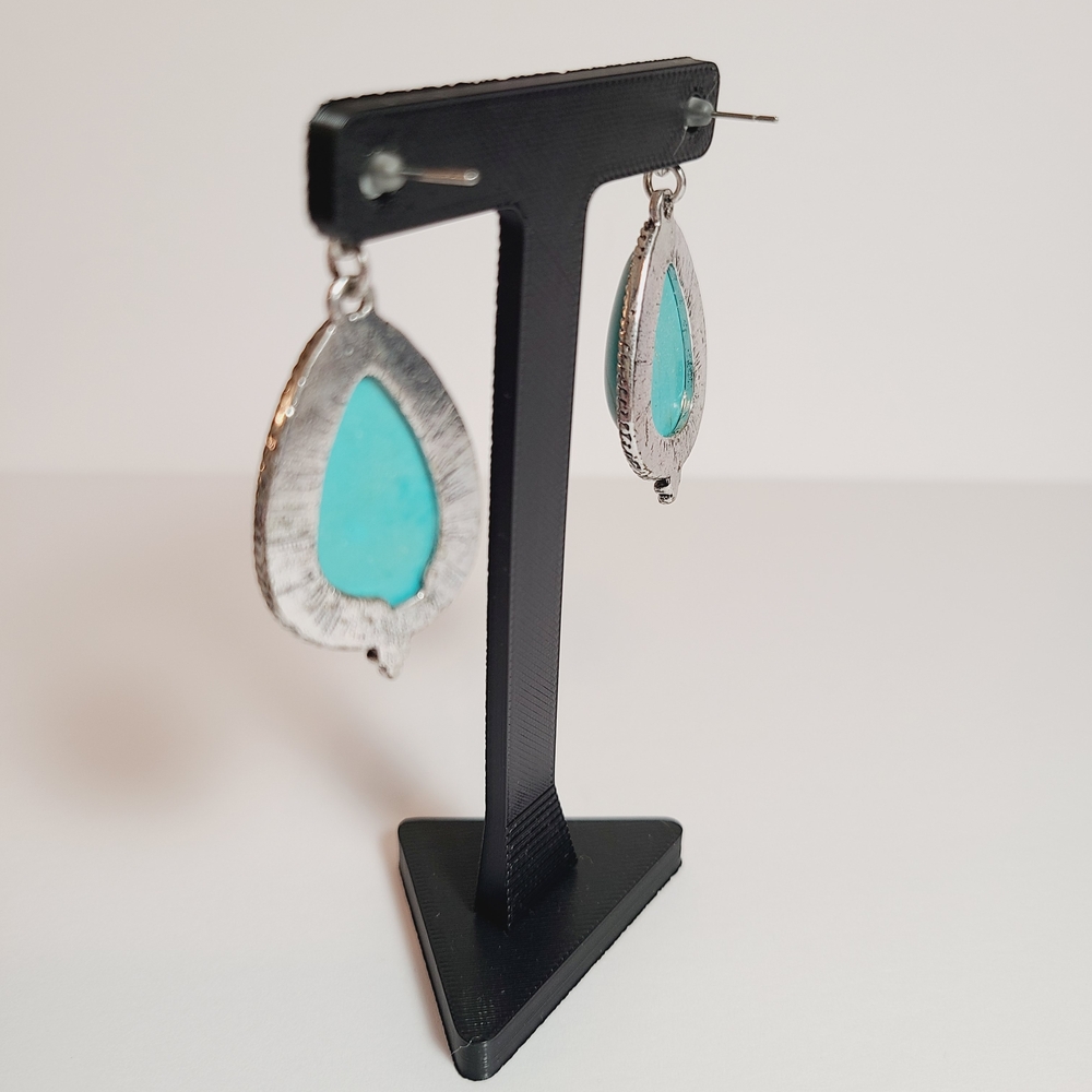 Turquoise Teardrop Silver Tone Earrings - Picture 5 of 7